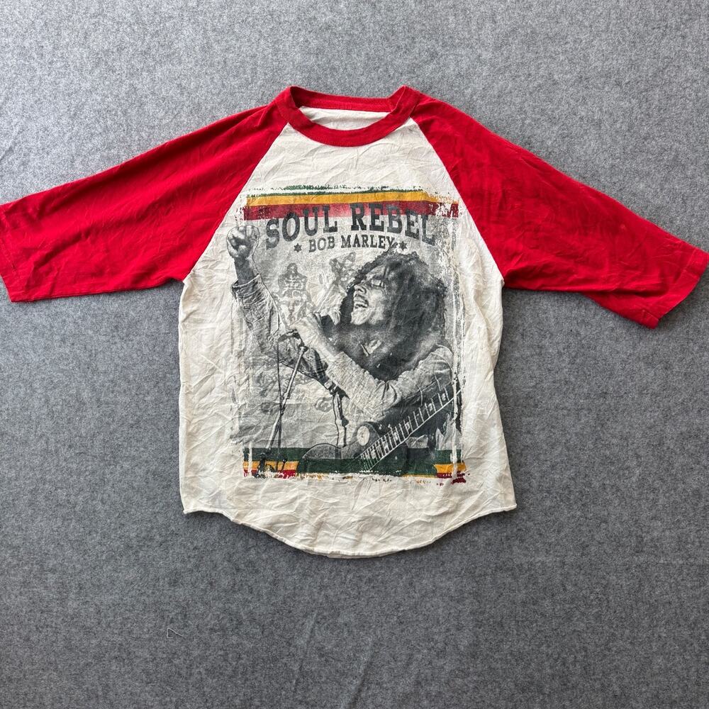 Bob Marley Soul Rebel Shirt L Y2K Distressed Raglan 3/4 Sleeve Rasta Reggae (S03